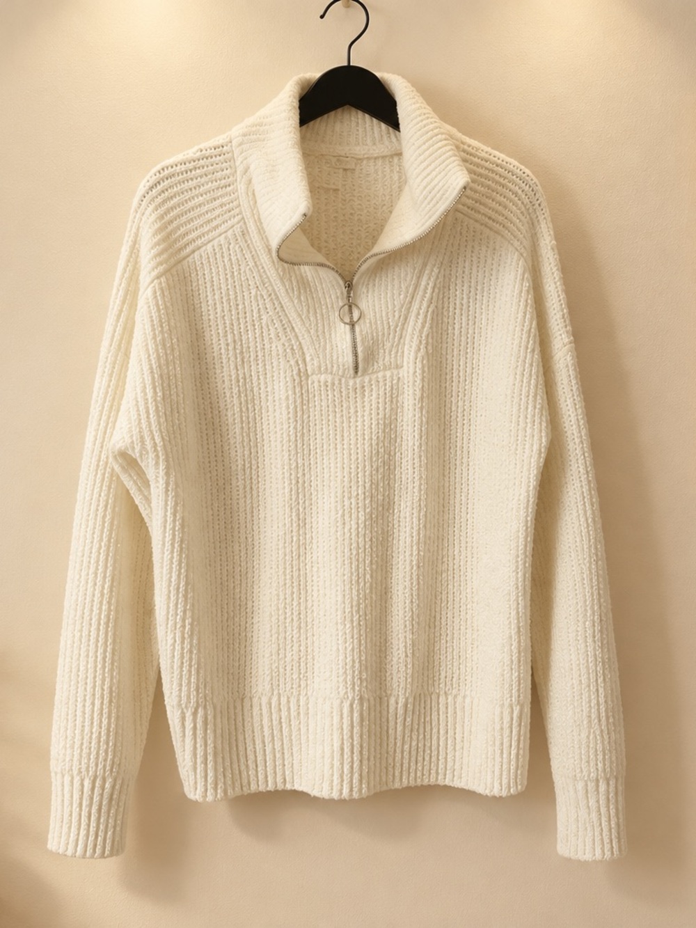 Christian Siriano Cream Ribbed Half-Zip Turtleneck Sweater